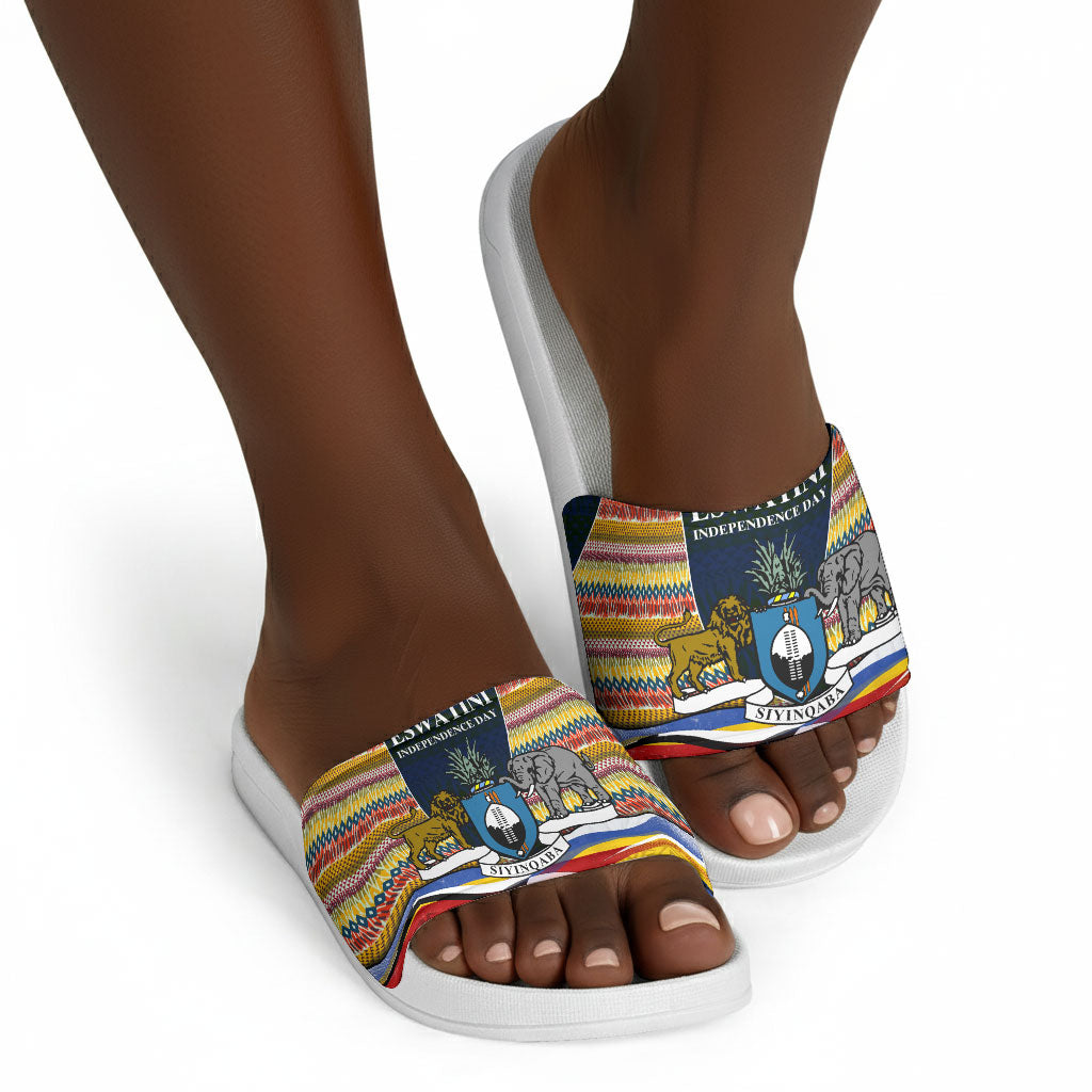 Eswatini Independence Day Slide Sandals Freedom Pride - Lion Elephant - Strelitzia Flowers