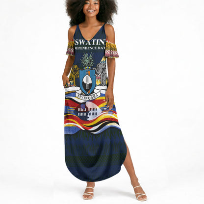 Eswatini Independence Day Summer Maxi Dress Freedom Pride - Lion Elephant - Strelitzia Flowers