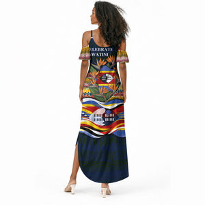 Eswatini Independence Day Summer Maxi Dress Freedom Pride - Lion Elephant - Strelitzia Flowers