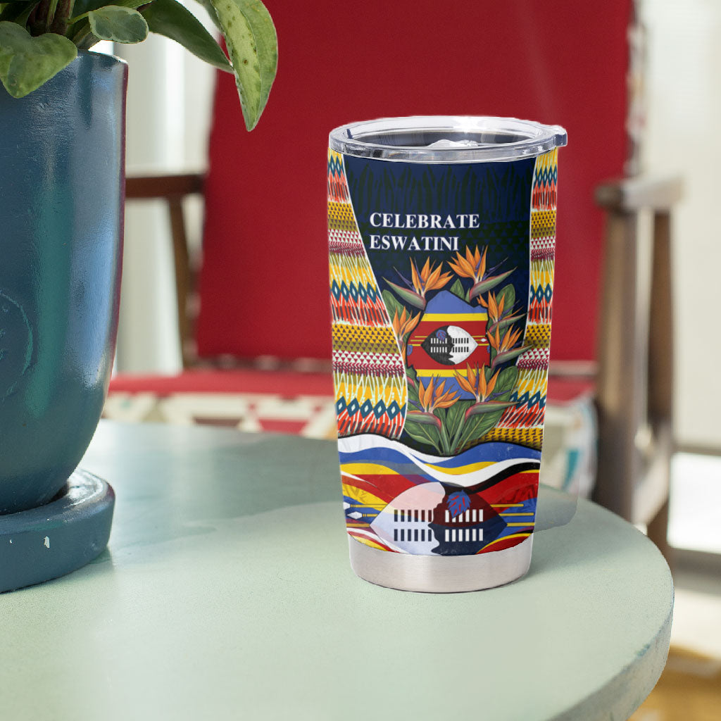 Eswatini Independence Day Tumbler Cup Freedom Pride - Lion Elephant - Strelitzia Flowers