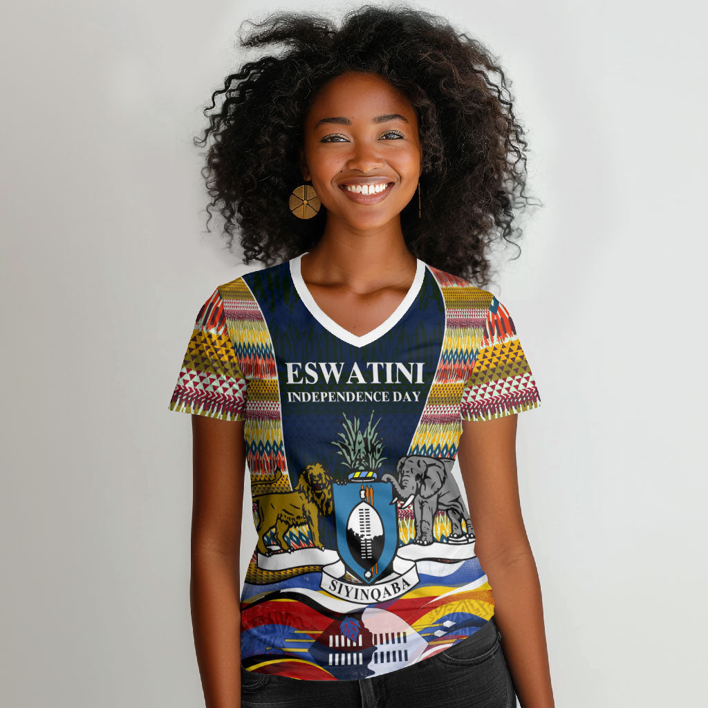 Eswatini Independence Day Women V-Neck T-Shirt Freedom Pride - Lion Elephant - Strelitzia Flowers