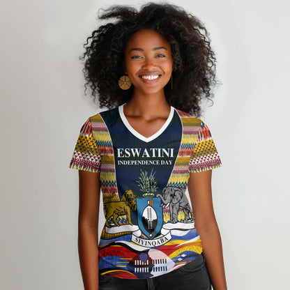 Eswatini Independence Day Women V-Neck T-Shirt Freedom Pride - Lion Elephant - Strelitzia Flowers