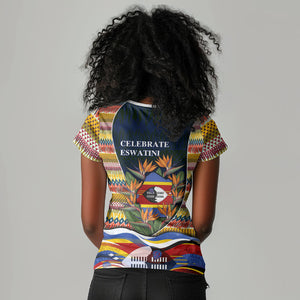 Eswatini Independence Day Women V-Neck T-Shirt Freedom Pride - Lion Elephant - Strelitzia Flowers