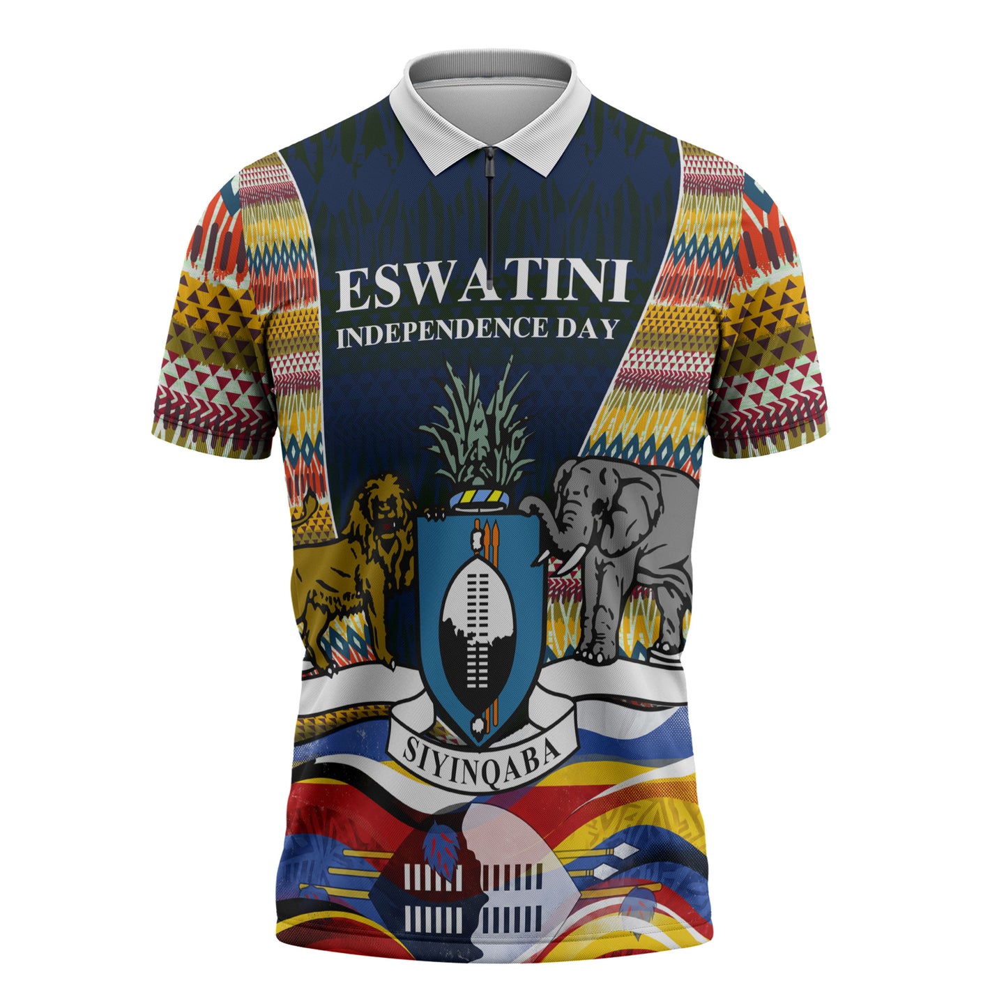 Eswatini Independence Day Zipper Polo Shirt Freedom Pride - Lion Elephant - Strelitzia Flowers