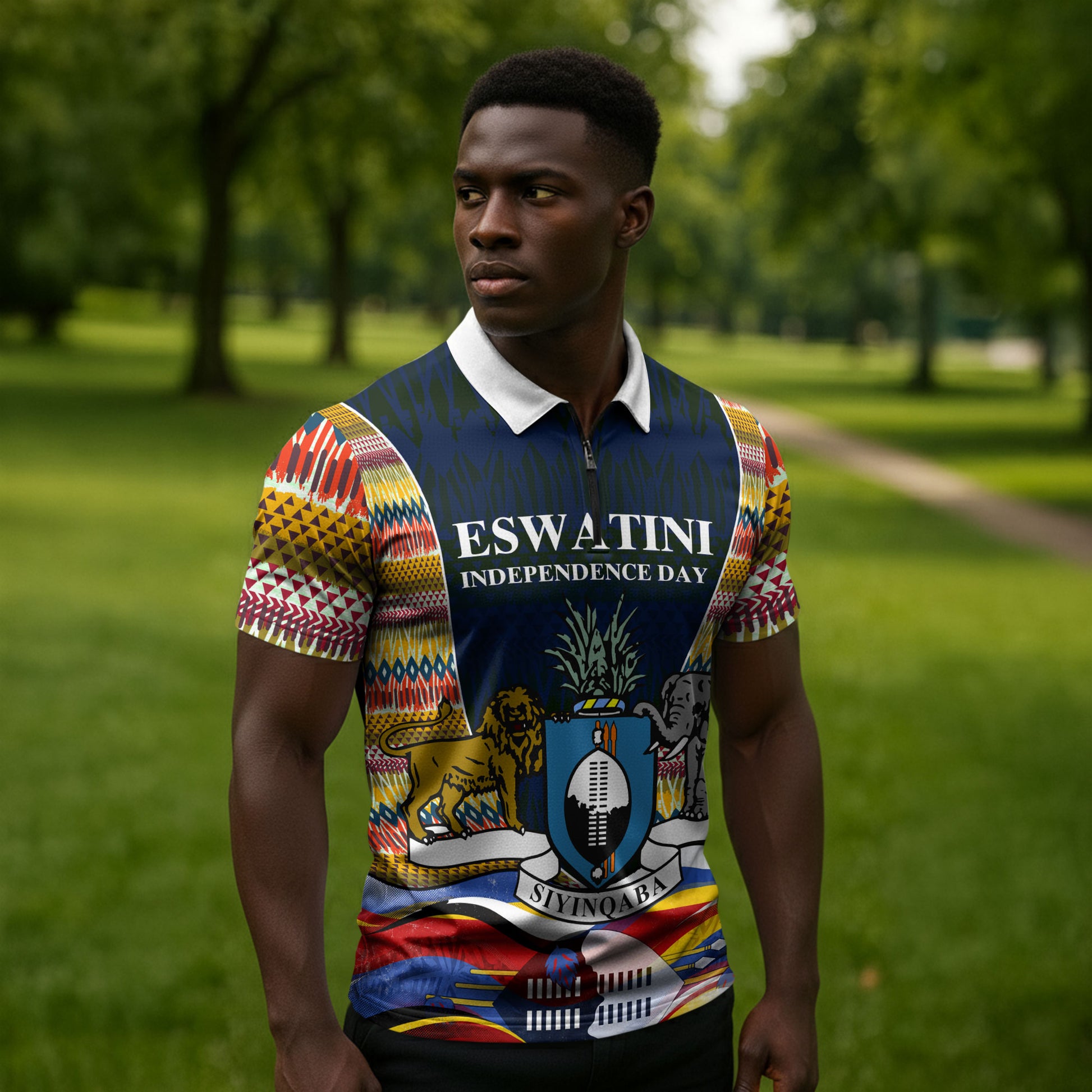 Eswatini Independence Day Zipper Polo Shirt Freedom Pride - Lion Elephant - Strelitzia Flowers