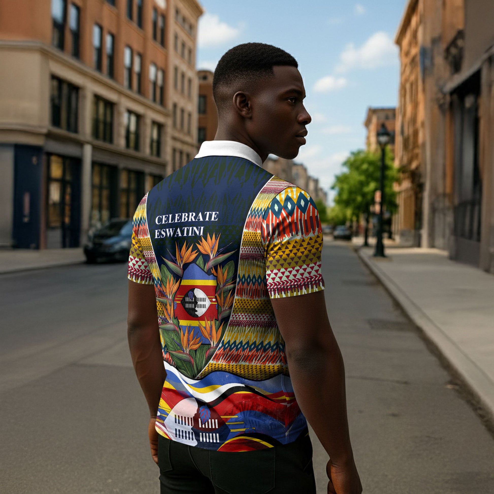 Eswatini Independence Day Zipper Polo Shirt Freedom Pride - Lion Elephant - Strelitzia Flowers