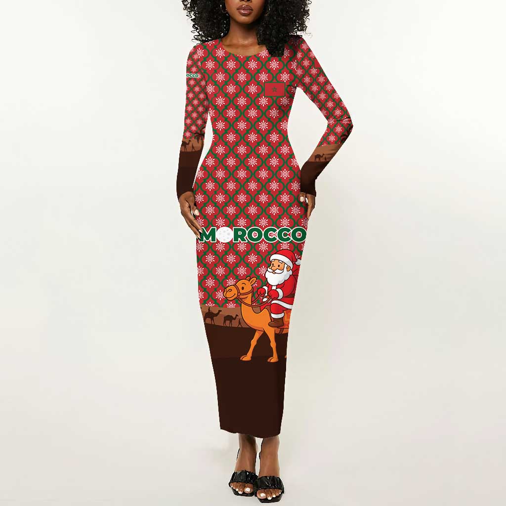Morocco Christmas Long Sleeve Bodycon Dress Santa Claus Camel Caravan Desert Scene - African Pride
