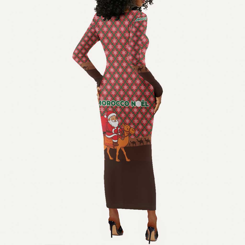 Morocco Christmas Long Sleeve Bodycon Dress Santa Claus Camel Caravan Desert Scene - African Pride