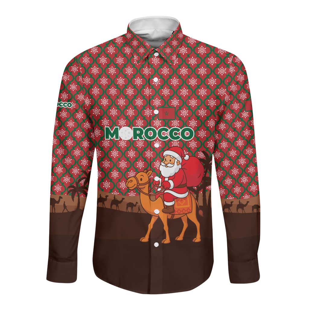 Morocco Christmas Long Sleeve Button Shirt Santa Claus Camel Caravan Desert Scene - African Pride