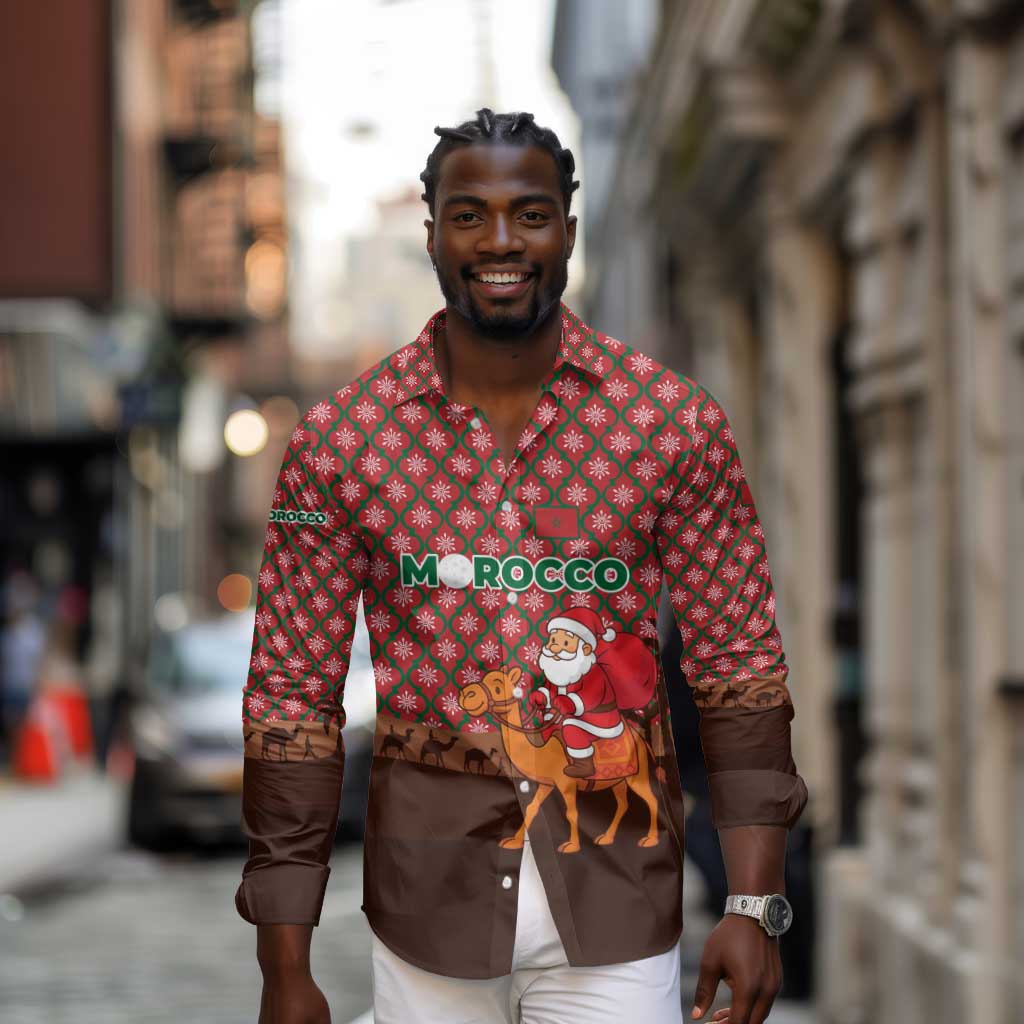 Morocco Christmas Long Sleeve Button Shirt Santa Claus Camel Caravan Desert Scene - African Pride