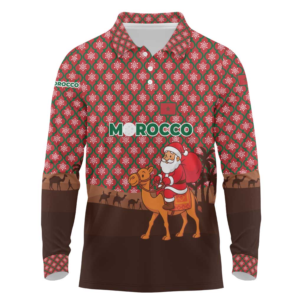 Morocco Christmas Long Sleeve Polo Shirt Santa Claus Camel Caravan Desert Scene - African Pride