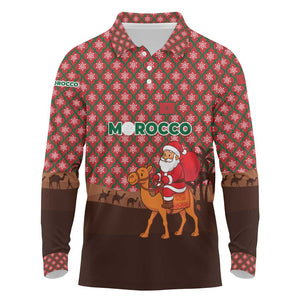 Morocco Christmas Long Sleeve Polo Shirt Santa Claus Camel Caravan Desert Scene - African Pride