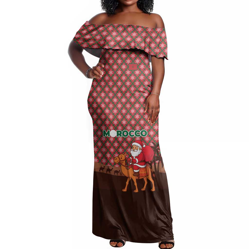 Morocco Christmas Off Shoulder Maxi Dress Santa Claus Camel Caravan Desert Scene - African Pride