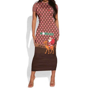 Morocco Christmas Short Sleeve Bodycon Dress Santa Claus Camel Caravan Desert Scene - African Pride