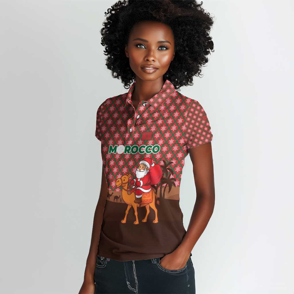 Morocco Christmas Women Polo Shirt Santa Claus Camel Caravan Desert Scene - African Pride