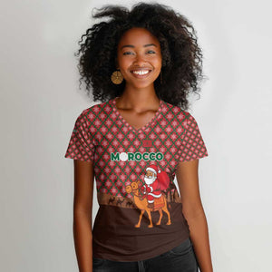 Morocco Christmas Women V-Neck T-Shirt Santa Claus Camel Caravan Desert Scene - African Pride