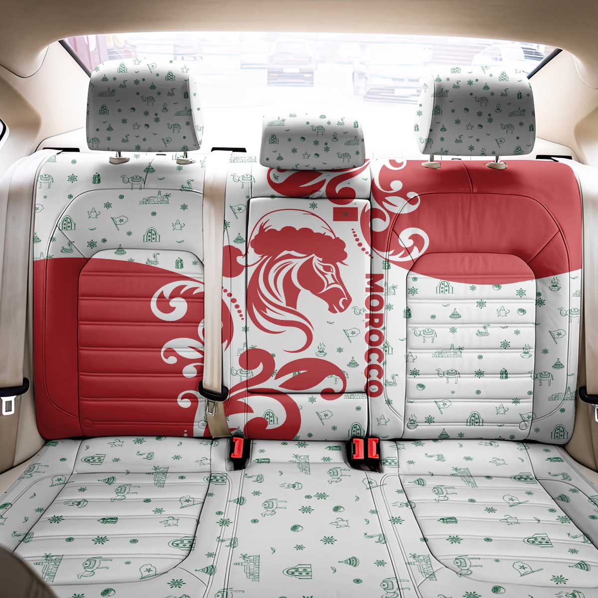 Morocco Christmas Back Car Seat Cover Red Horse Santa Hat Arabesque Pattern a - African Pride