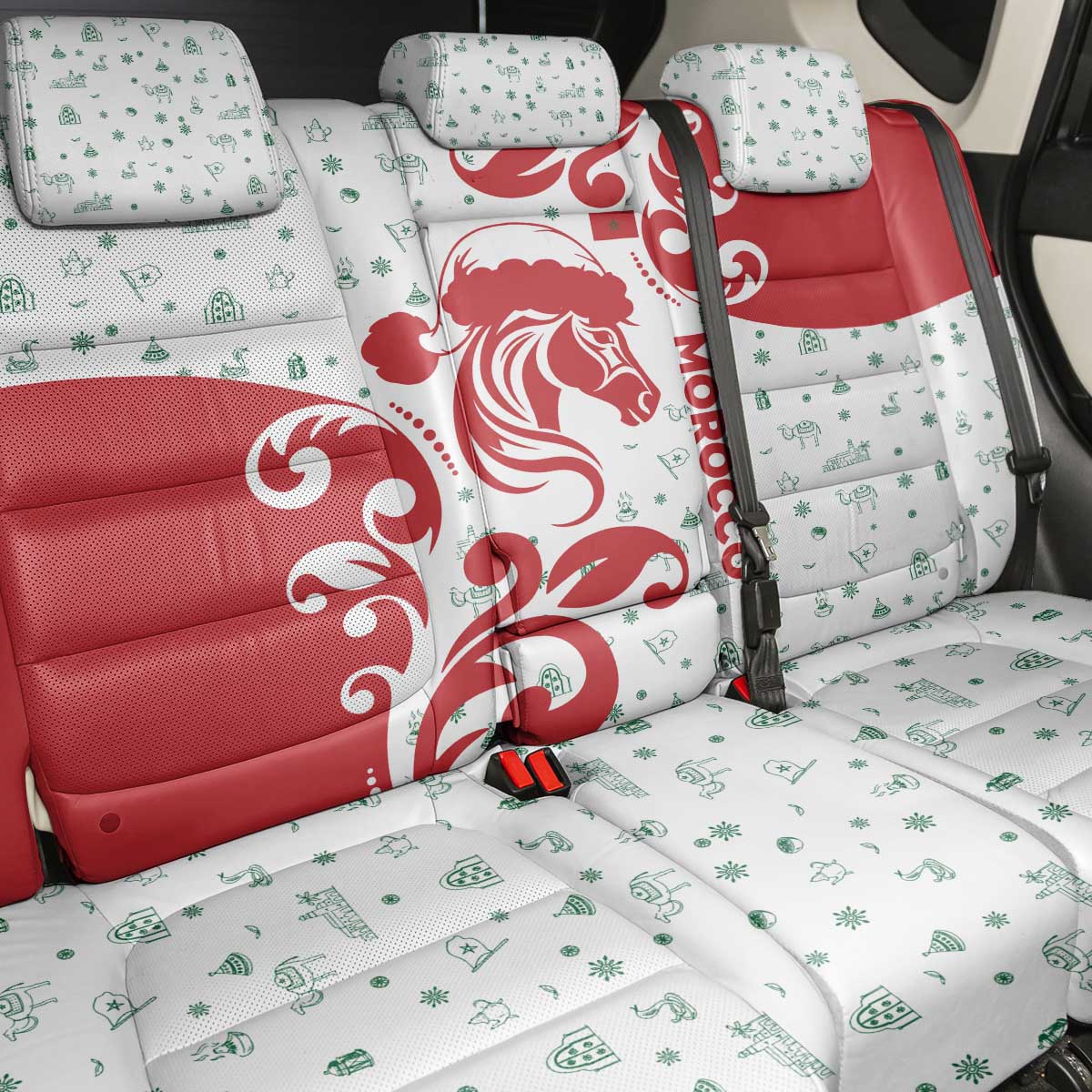 Morocco Christmas Back Car Seat Cover Red Horse Santa Hat Arabesque Pattern a - African Pride