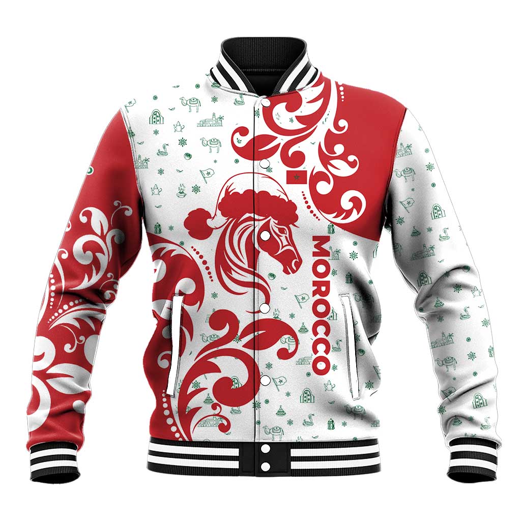 Morocco Christmas Baseball Jacket Red Horse Santa Hat Arabesque Pattern a - African Pride