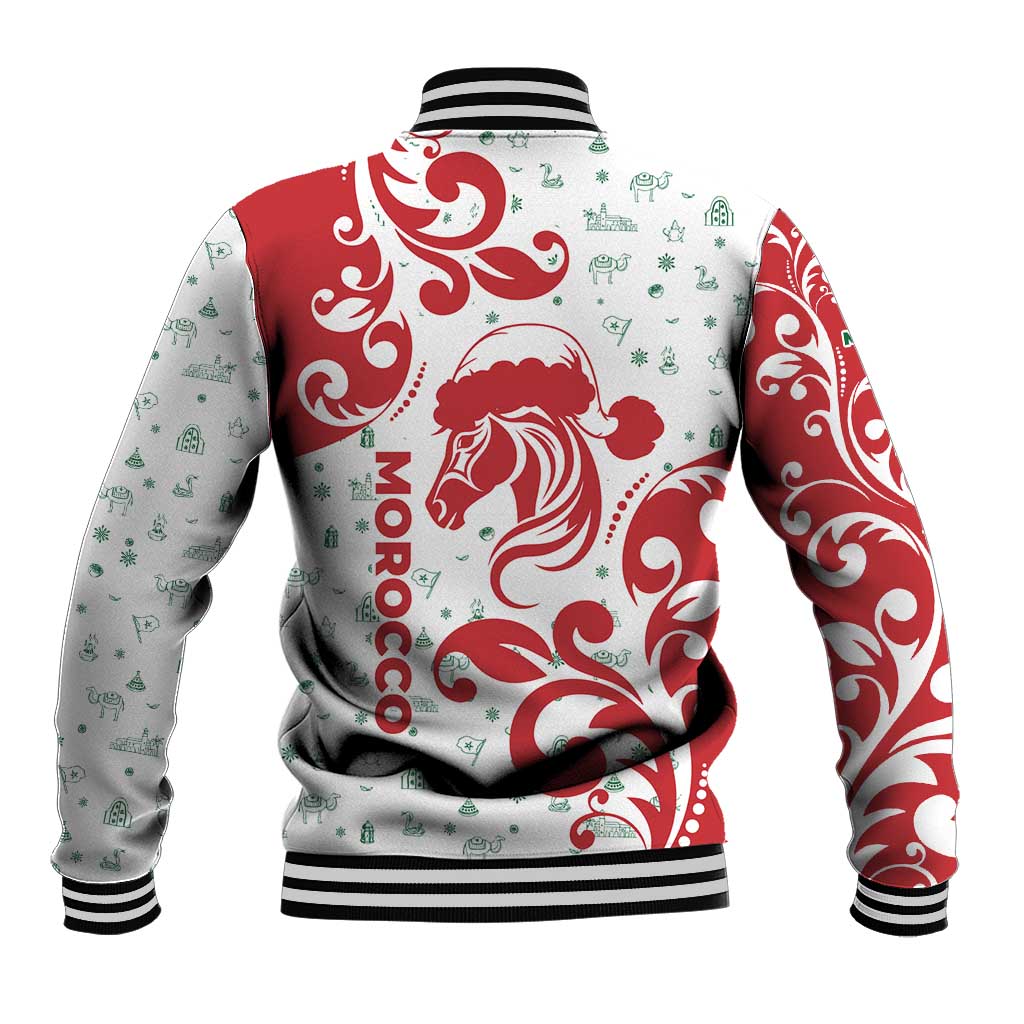 Morocco Christmas Baseball Jacket Red Horse Santa Hat Arabesque Pattern a - African Pride