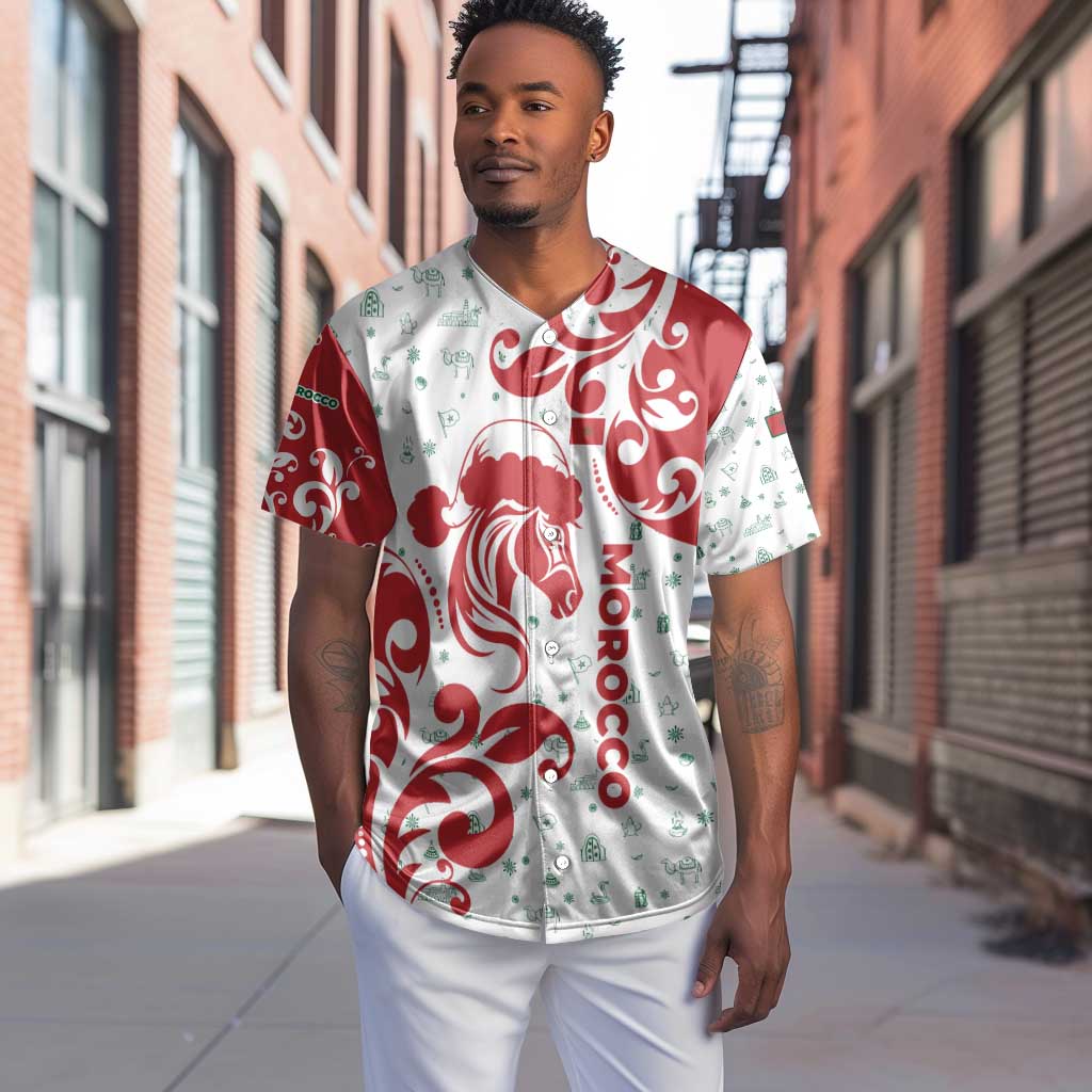 Morocco Christmas Baseball Jersey Red Horse Santa Hat Arabesque Pattern a - African Pride