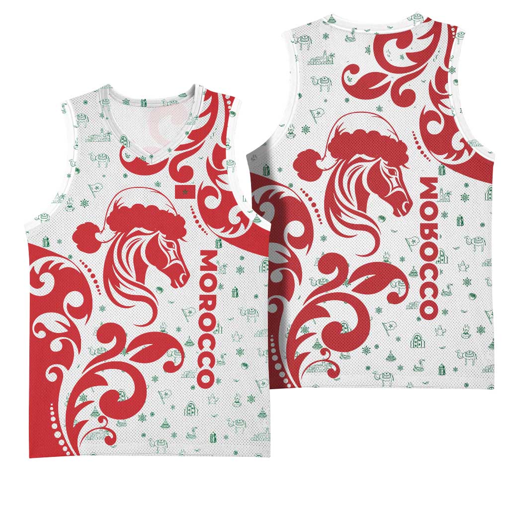 Morocco Christmas Basketball Jersey Red Horse Santa Hat Arabesque Pattern a - African Pride