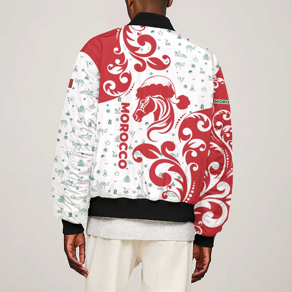 Morocco Christmas Bomber Jacket Red Horse Santa Hat Arabesque Pattern a - African Pride