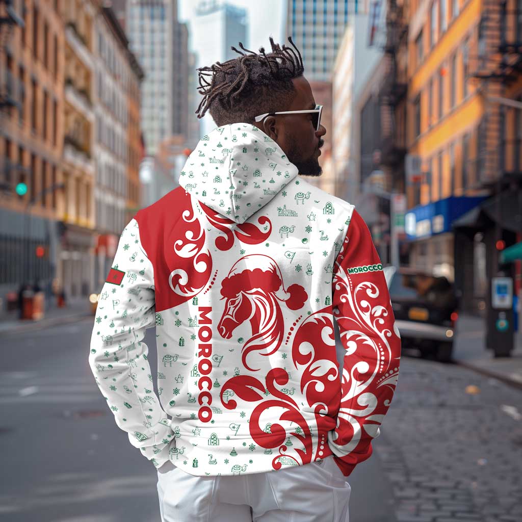 Morocco Christmas Hoodie Red Horse Santa Hat Arabesque Pattern a - African Pride