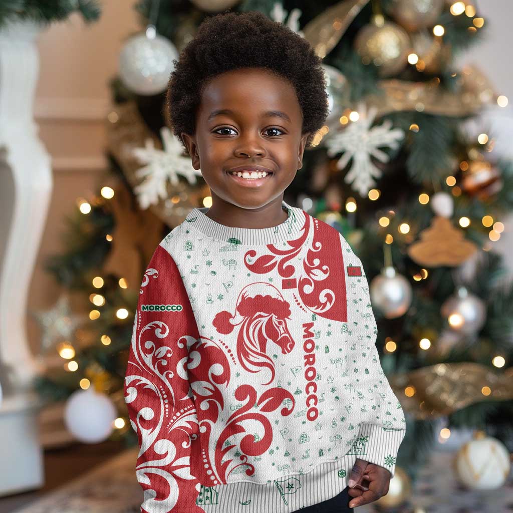 Morocco Christmas Kid Ugly Christmas Sweater Red Horse Santa Hat Arabesque Pattern a - African Pride