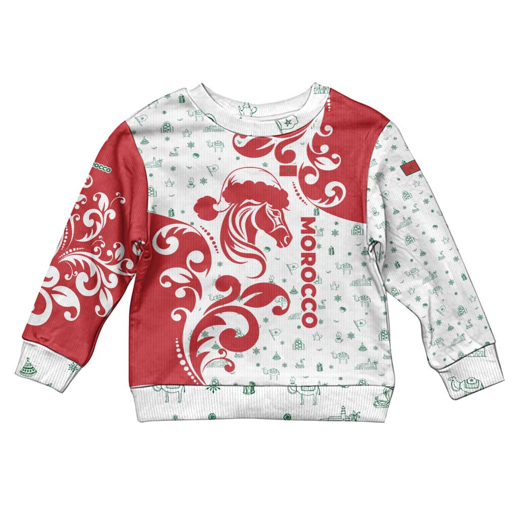 Morocco Christmas Kid Ugly Christmas Sweater Red Horse Santa Hat Arabesque Pattern a - African Pride