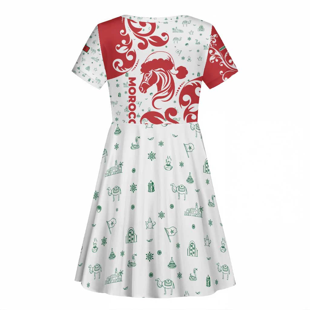 Morocco Christmas Kid Short Sleeve Dress Red Horse Santa Hat Arabesque Pattern a - African Pride
