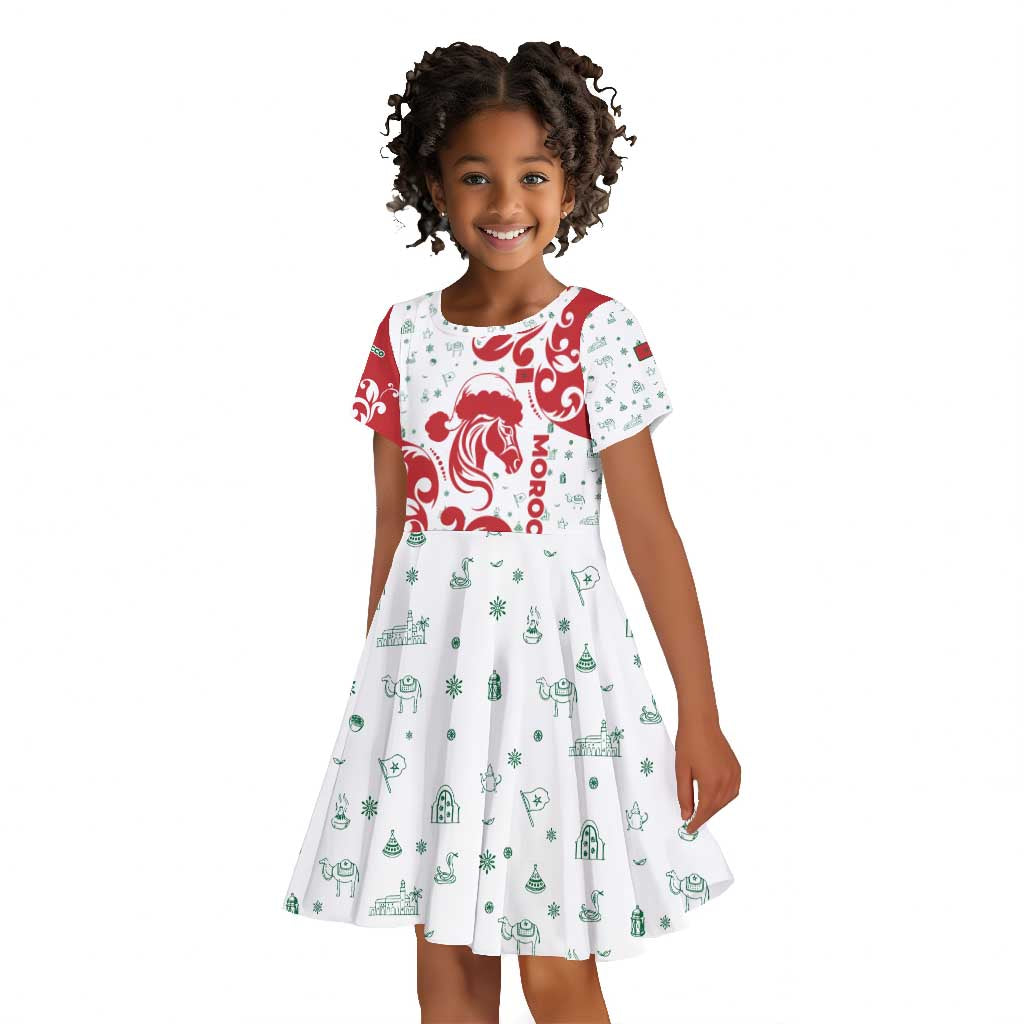 Morocco Christmas Kid Short Sleeve Dress Red Horse Santa Hat Arabesque Pattern a - African Pride