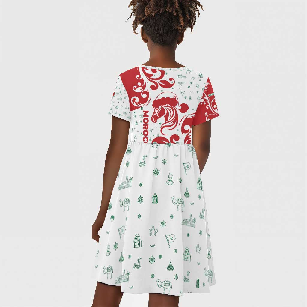 Morocco Christmas Kid Short Sleeve Dress Red Horse Santa Hat Arabesque Pattern a - African Pride