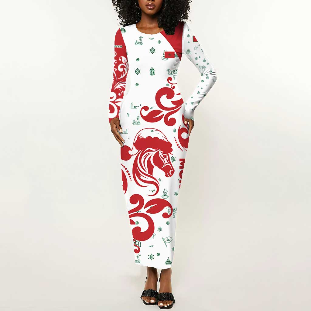 Morocco Christmas Long Sleeve Bodycon Dress Red Horse Santa Hat Arabesque Pattern a - African Pride