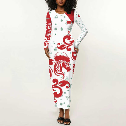 Morocco Christmas Long Sleeve Bodycon Dress Red Horse Santa Hat Arabesque Pattern a - African Pride