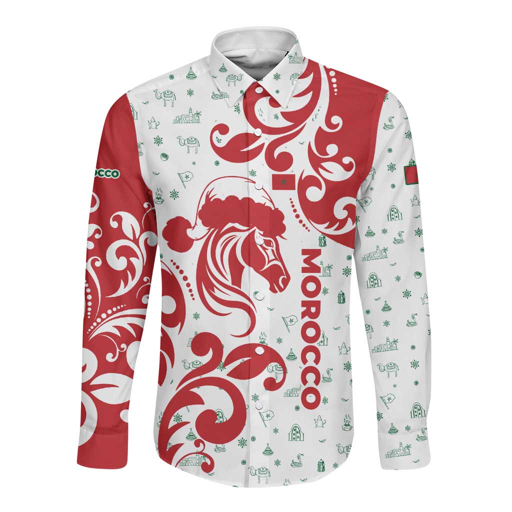 Morocco Christmas Long Sleeve Button Shirt Red Horse Santa Hat Arabesque Pattern a - African Pride