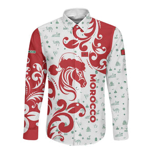 Morocco Christmas Long Sleeve Button Shirt Red Horse Santa Hat Arabesque Pattern a - African Pride