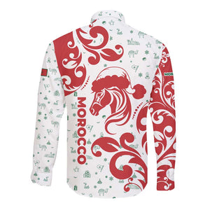 Morocco Christmas Long Sleeve Button Shirt Red Horse Santa Hat Arabesque Pattern a - African Pride