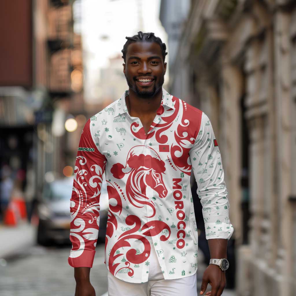 Morocco Christmas Long Sleeve Button Shirt Red Horse Santa Hat Arabesque Pattern a - African Pride