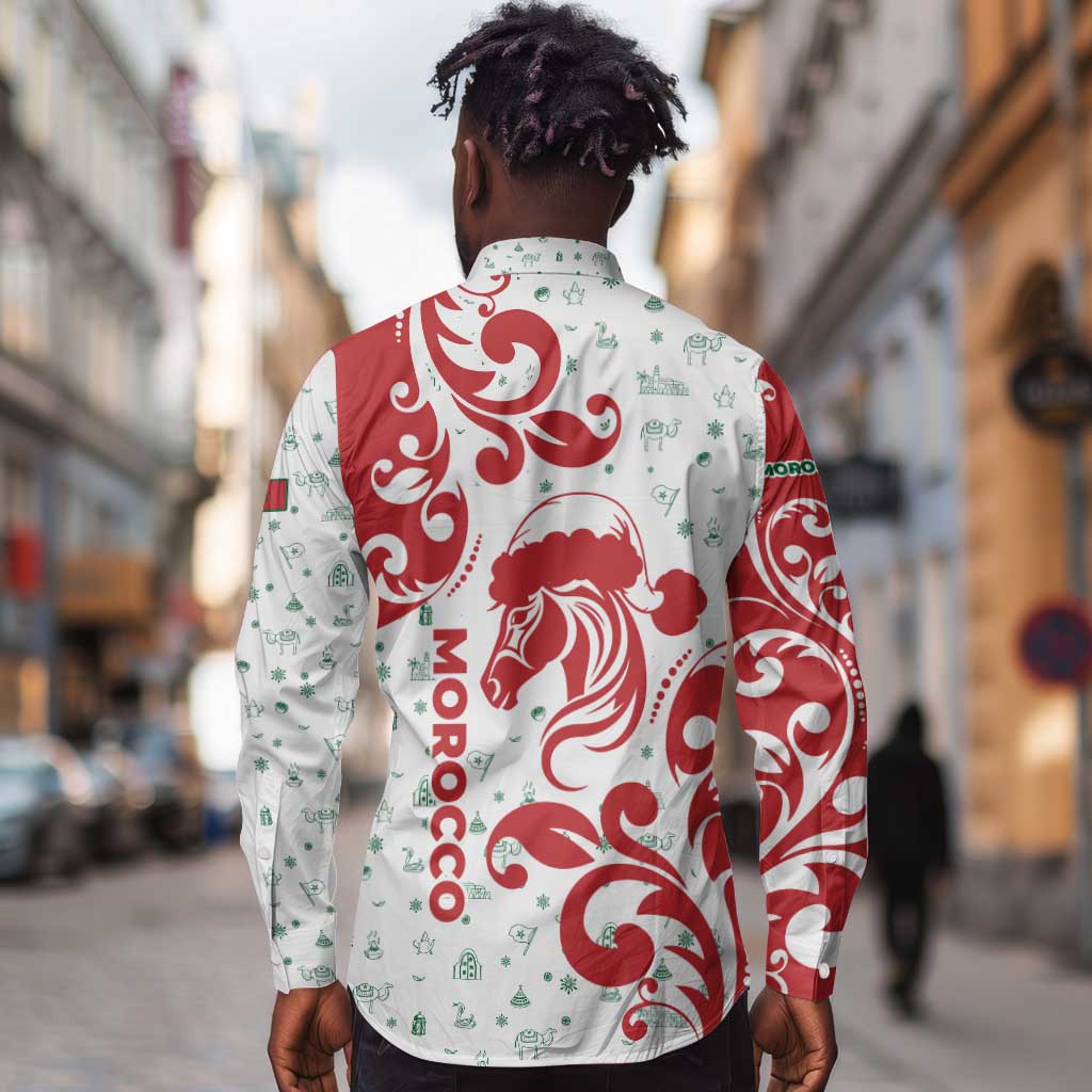 Morocco Christmas Long Sleeve Button Shirt Red Horse Santa Hat Arabesque Pattern a - African Pride