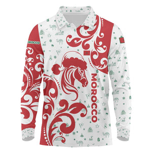 Morocco Christmas Long Sleeve Polo Shirt Red Horse Santa Hat Arabesque Pattern a - African Pride