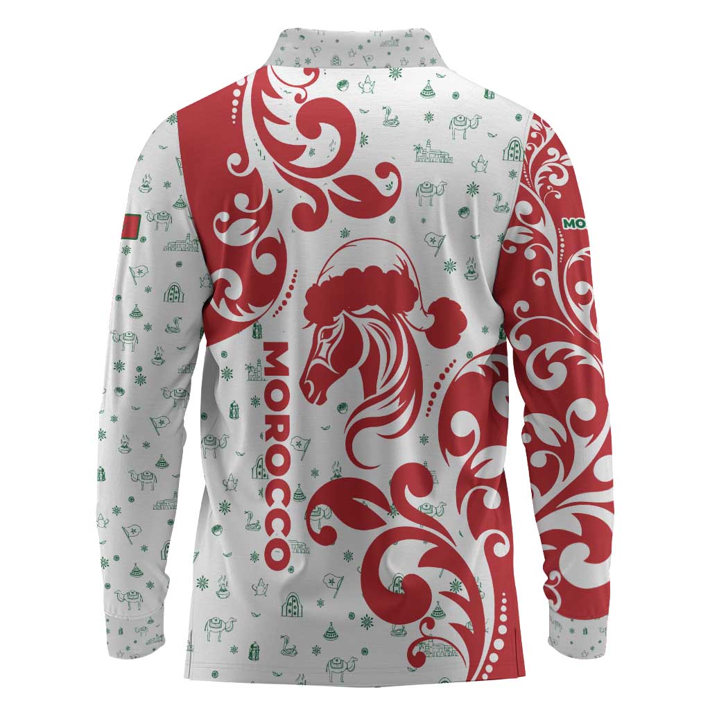 Morocco Christmas Long Sleeve Polo Shirt Red Horse Santa Hat Arabesque Pattern a - African Pride