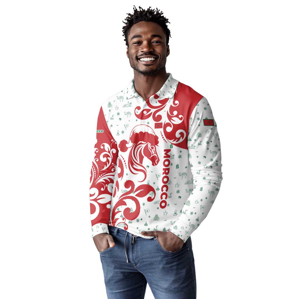 Morocco Christmas Long Sleeve Polo Shirt Red Horse Santa Hat Arabesque Pattern a - African Pride