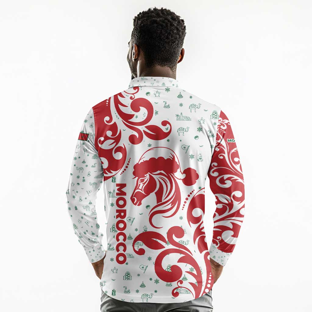 Morocco Christmas Long Sleeve Polo Shirt Red Horse Santa Hat Arabesque Pattern a - African Pride