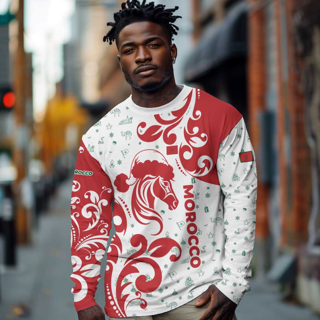 Morocco Christmas Long Sleeve Shirt Red Horse Santa Hat Arabesque Pattern a - African Pride
