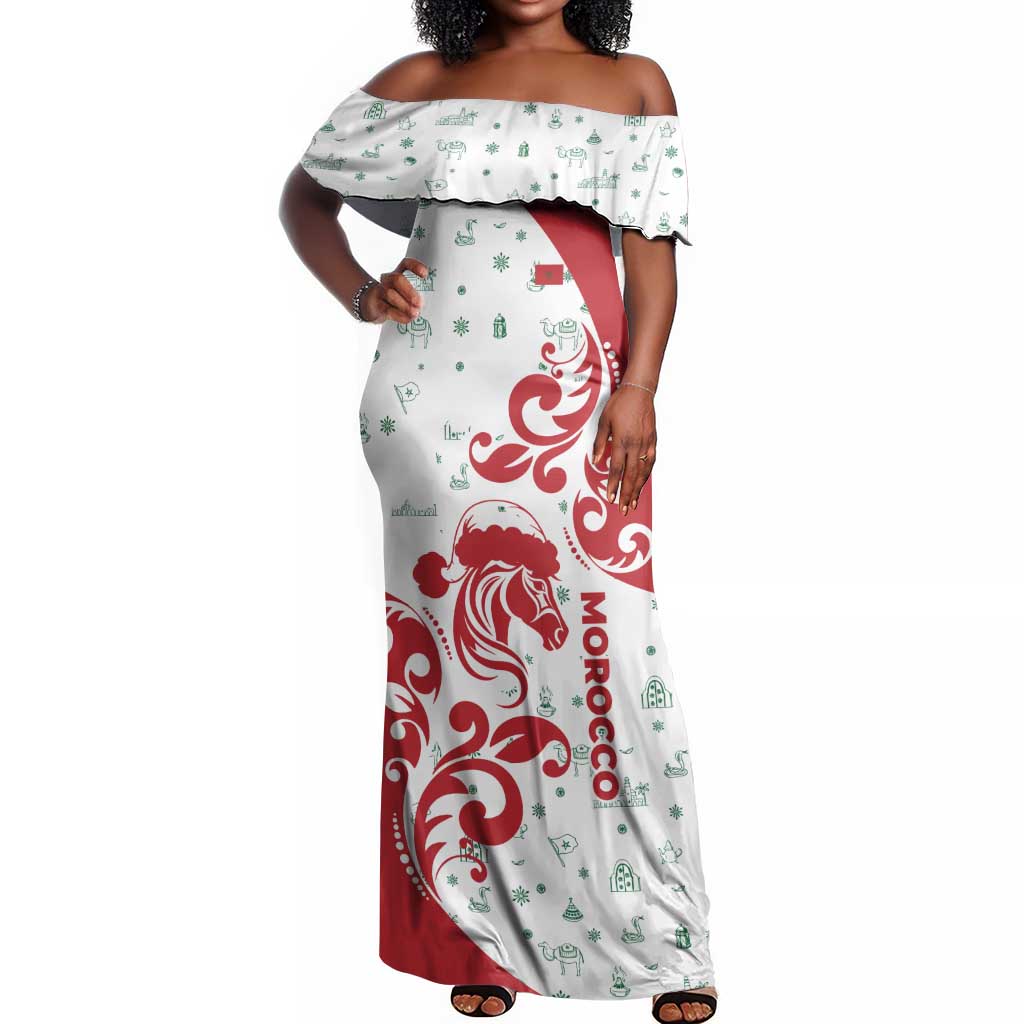 Morocco Christmas Off Shoulder Maxi Dress Red Horse Santa Hat Arabesque Pattern a - African Pride
