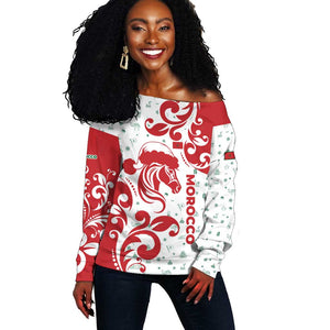Morocco Christmas Off Shoulder Sweater Red Horse Santa Hat Arabesque Pattern a - African Pride
