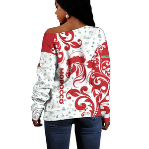 Morocco Christmas Off Shoulder Sweater Red Horse Santa Hat Arabesque Pattern a - African Pride
