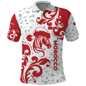 Morocco Christmas Polo Shirt Red Horse Santa Hat Arabesque Pattern a - African Pride