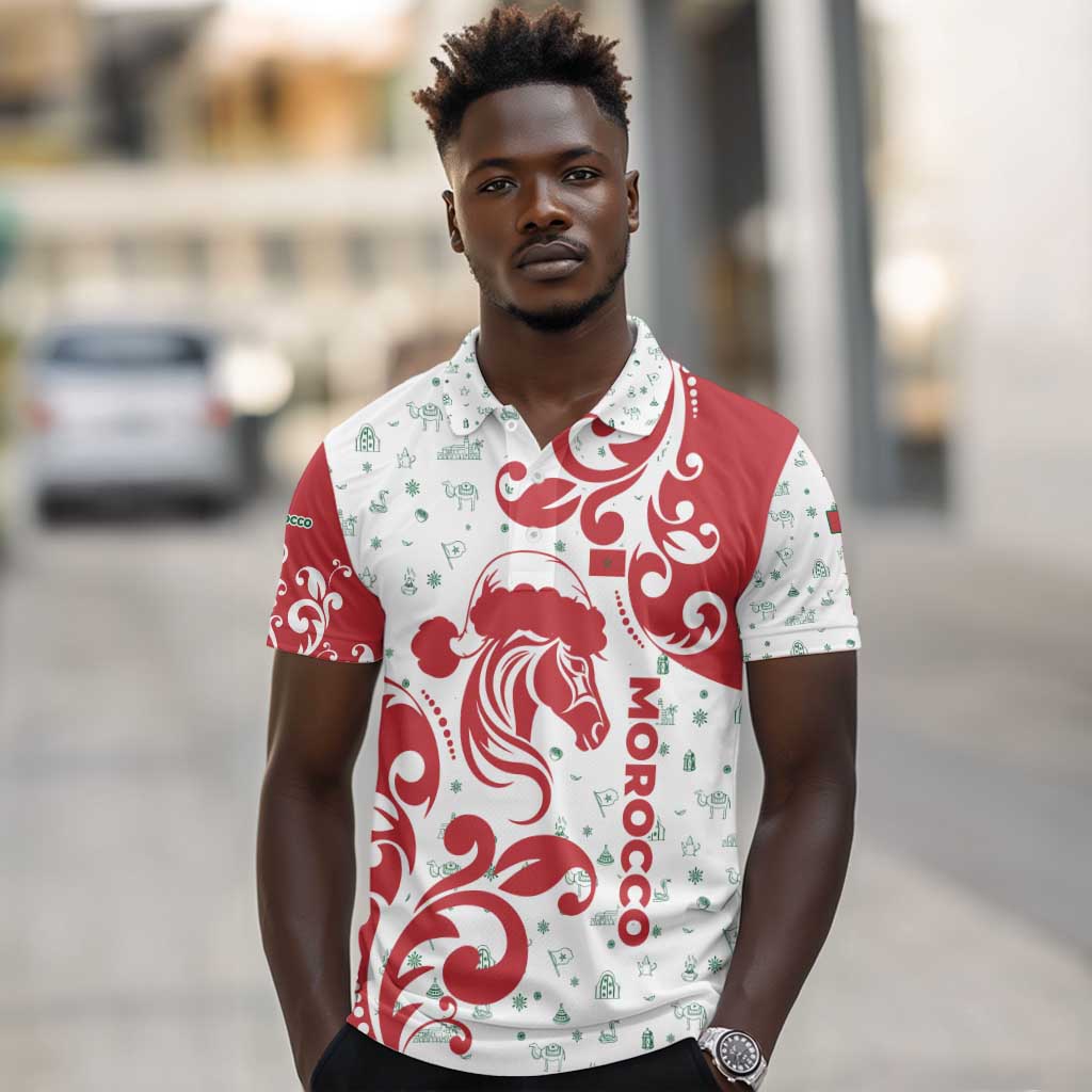 Morocco Christmas Polo Shirt Red Horse Santa Hat Arabesque Pattern a - African Pride